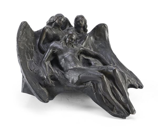 SCULTURA IN BRONZO CRISTO TRA GLI ANGELI