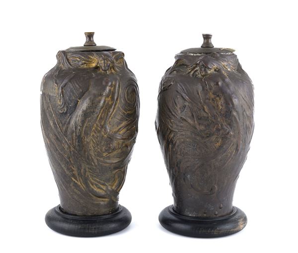 DUE VASI IN CERAMICA E METALLO, PERIODO LIBERTY