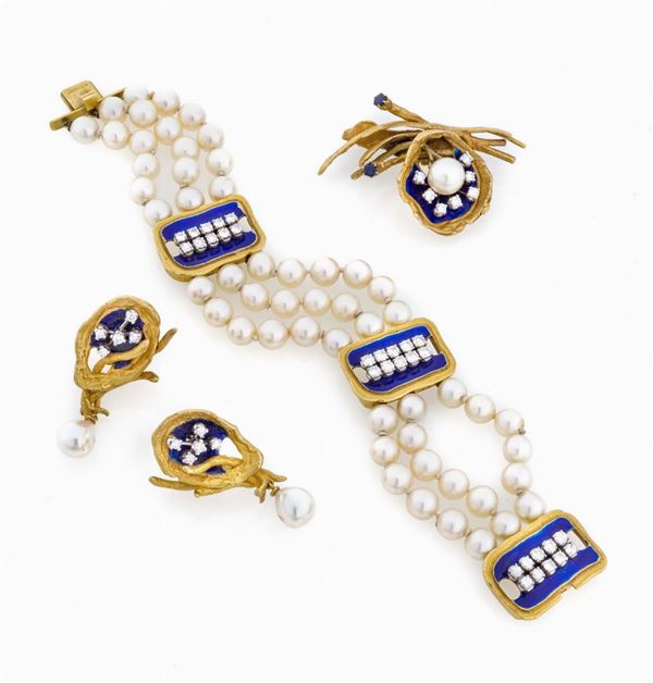 PARURE CON PERLE, ZAFFIRI, BRILLANTI E SMALTI