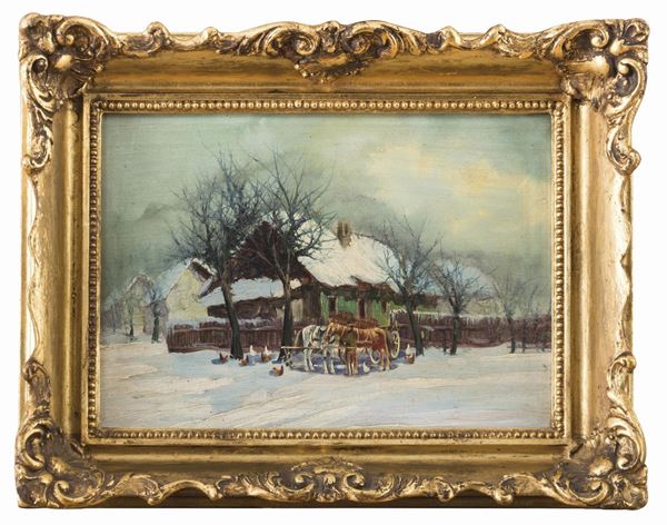 DIPINTO BALCANICO PAESAGGIO INNEVATO