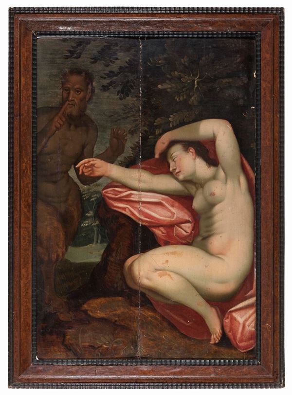 DIPINTO SATIRO E NINFA DI SCUOLA FIAMMINGA