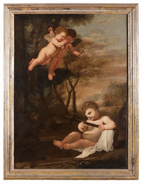 DIPINTO PAESAGGIO CON PUTTI DI SCUOLA ROMANA