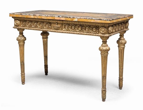 CONSOLE IN LEGNO DORATO CON PIANO IN GIALLO DI SIENA