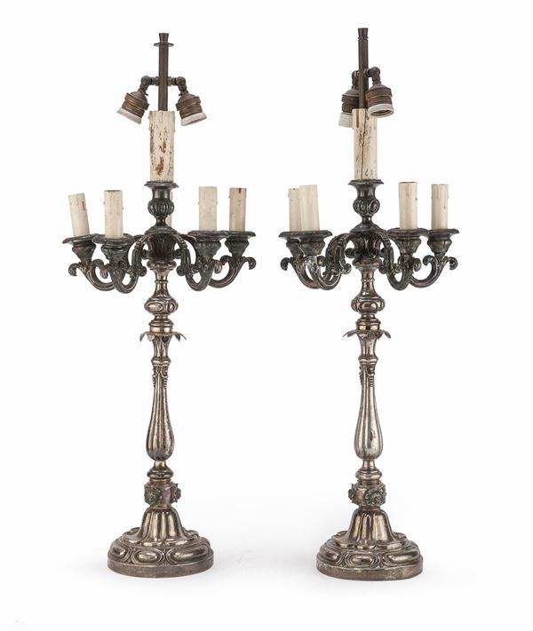 COPPIA DI GRANDI CANDELABRI IN ARGENTO NAPOLI 1832/1872