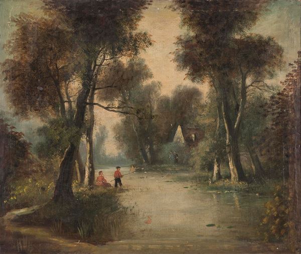 DIPINTO BOSCO CON PESCATORE