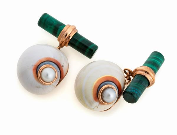 COPPIA DI GEMELLI CON PERLE E MALACHITE